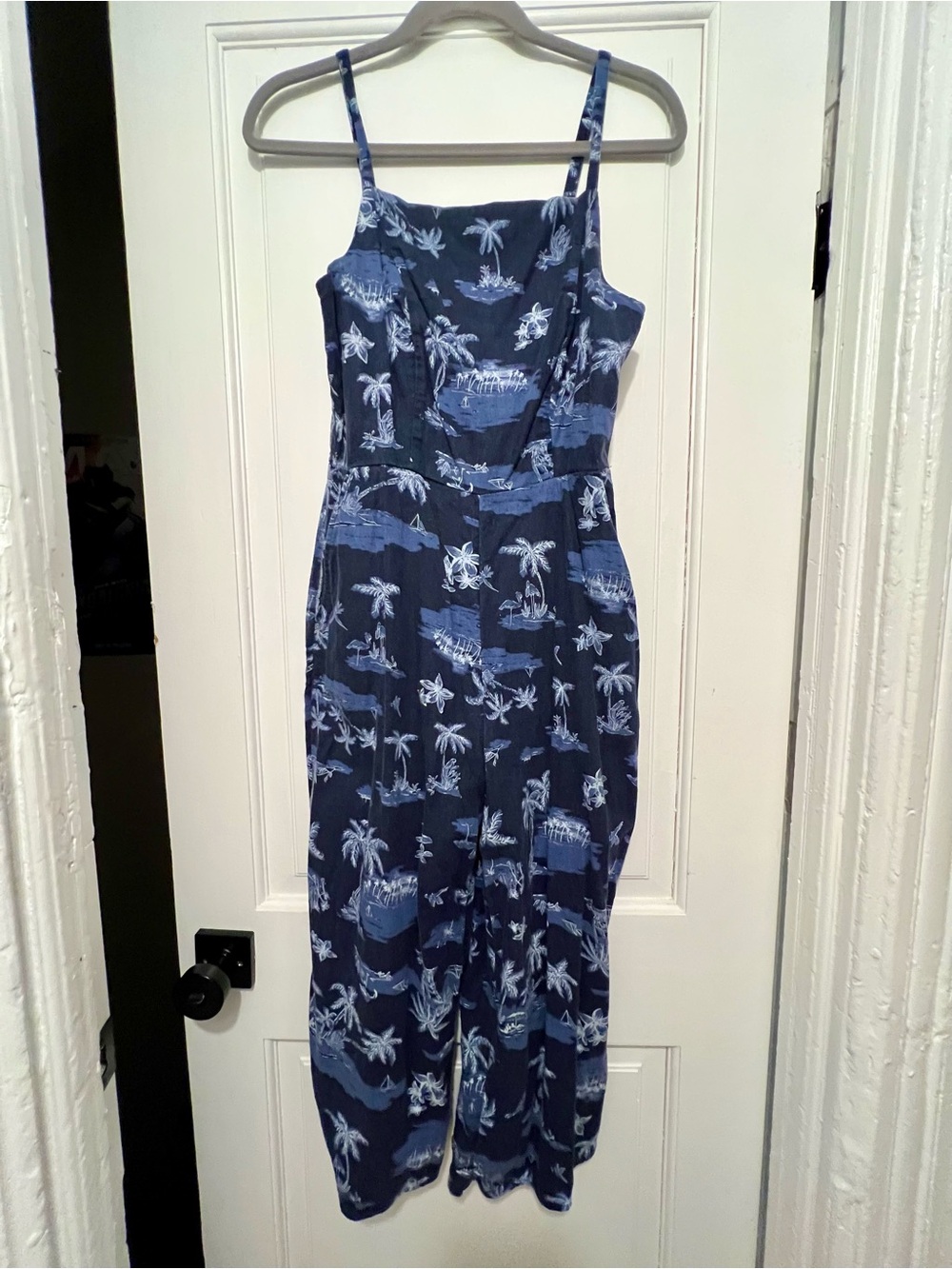 Old Navy Navy Palm-Print Spaghetti-Strap Jumpsuit